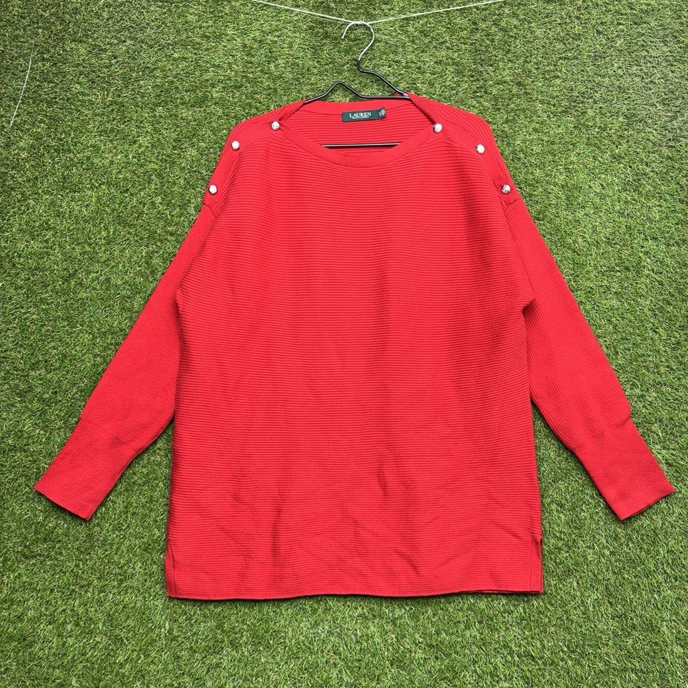 Lauren Ralph Lauren Sweater Womens XL Cotton Button Shoulder Red Ribbed Dressy